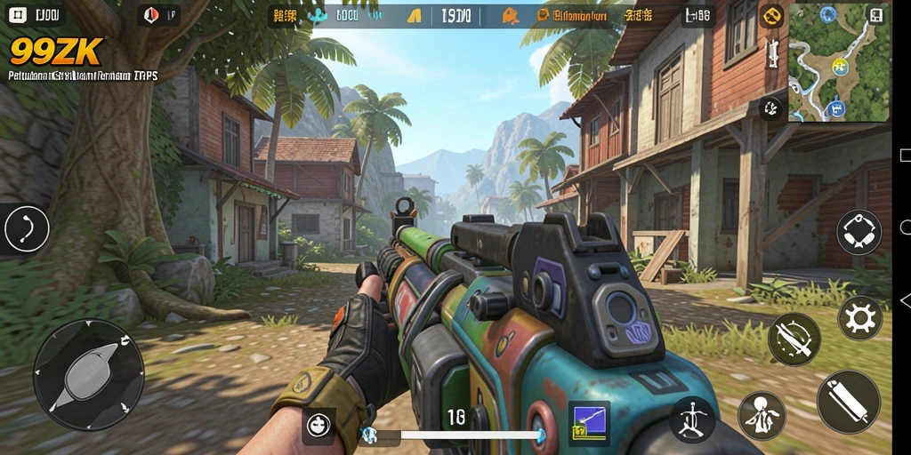 Screenshot gameplay 99ZK menunjukkan aksi tembak-menembak yang intens.