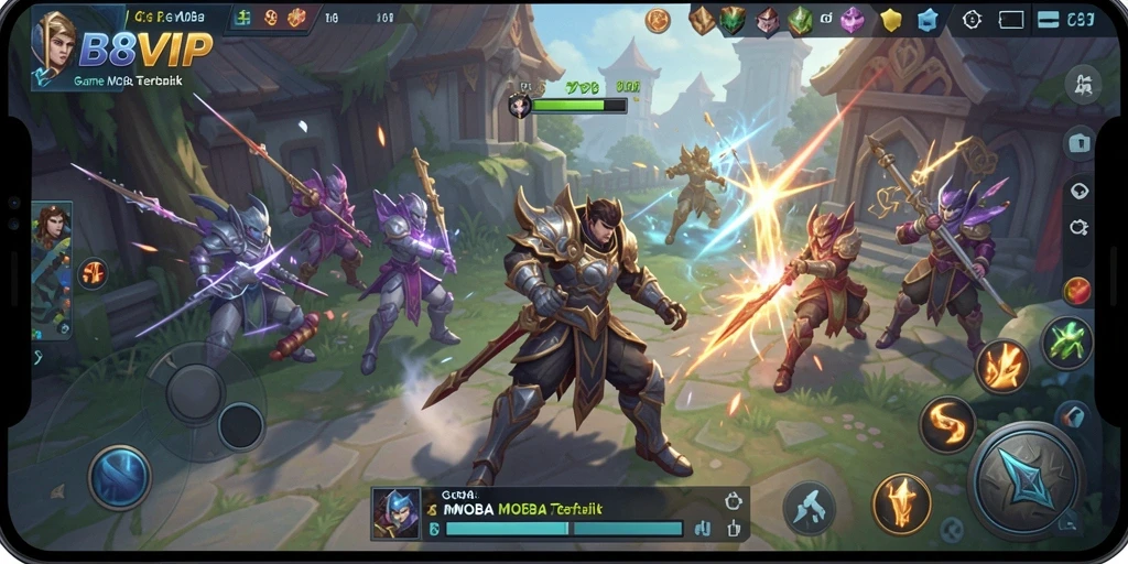 Tangkapan layar gameplay B8VIP menampilkan aksi seru di arena pertempuran MOBA.