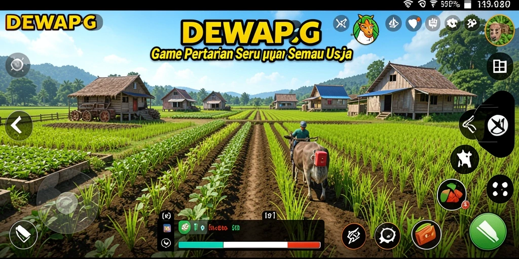 Screenshot utama DEWAPG menampilkan grafis pertanian yang mencolok.