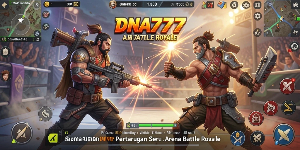 Tangkapan layar gameplay intens dari DNA777 saat bertarung di arena Battle Royale.