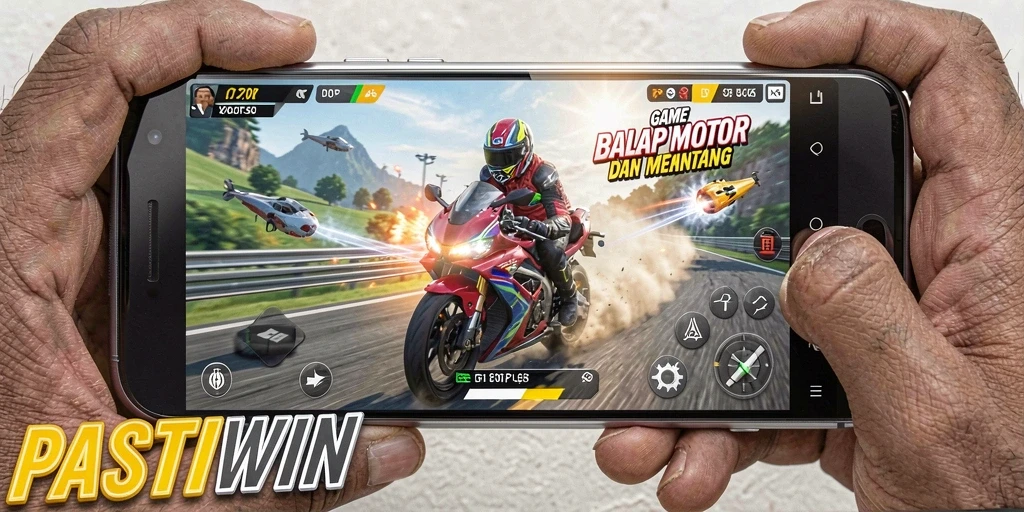 Screenshot PASTIWIN yang menampilkan aksi balap motor yang intens.