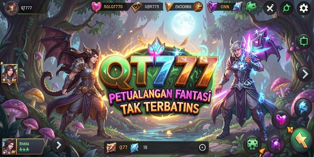 Screenshot QT777 menampilkan pertarungan epik antar karakter RPG.