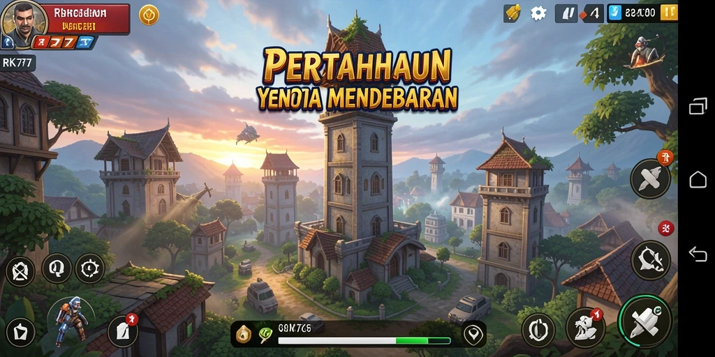 Tampilan gameplay menegangkan di RK77 dengan menara dan musuh beragam.