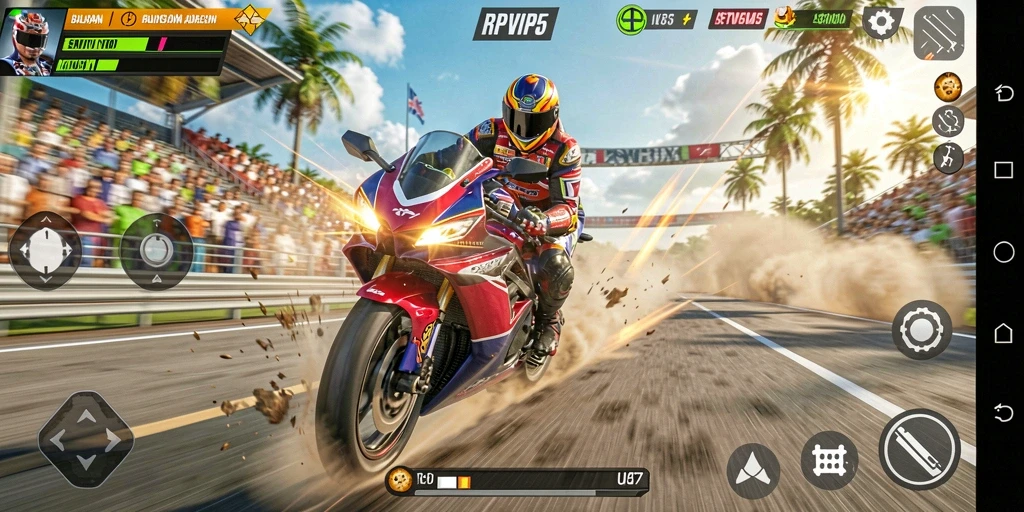 Tangkapan layar gameplay RPVIP5 menampilkan aksi balapan motor yang mendebarkan.