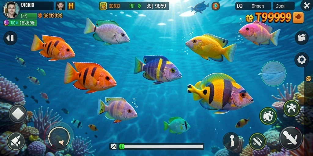 Tampilan gameplay seru di T9999 dengan aksi tembak ikan.
