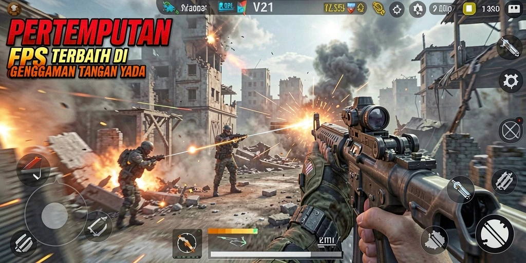Gameplay intens V21 yang menampilkan aksi pertempuran FPS.