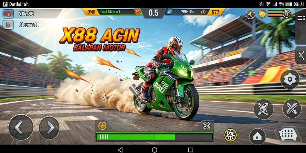 Gameplay X88 yang cepat dan penuh aksi di trek balap.